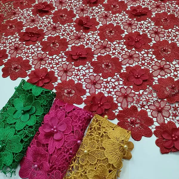3D Flower Water-Soluble Lace Fabric Embroidered Bead Guipure Lace Fabric 3D Flower Water-Soluble Lace Fabric Embroidered Bead Guipure Lace Fabric