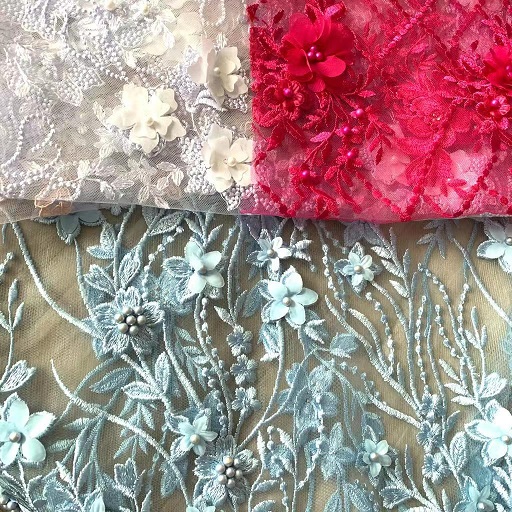 Mesh Fabric Decorated with 3D Flower And Sequin