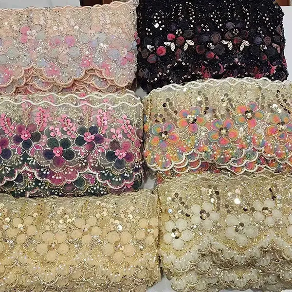 Multicolor Embroidered Lace with 3D Mesh Flowers Ribbon Beaded Tube Barcode Embroidery Lace Multicolor Embroidered Lace with 3D Mesh Flowers Ribbon Beaded Tube Barcode Embroidery Lace